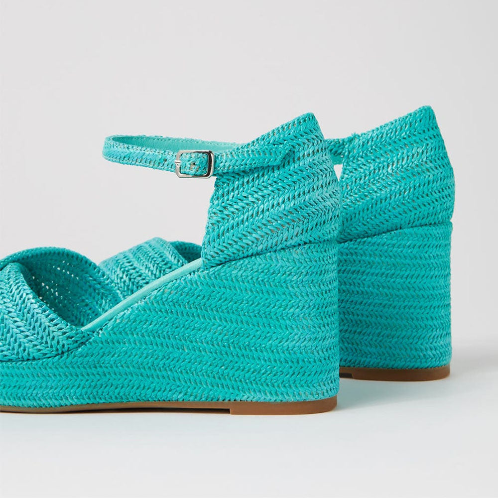 FSJ Turquoise Square-Toe Woven Platform Sandals with Wedge Heels