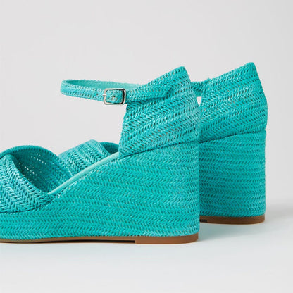 FSJ Turquoise Square-Toe Woven Platform Sandals with Wedge Heels