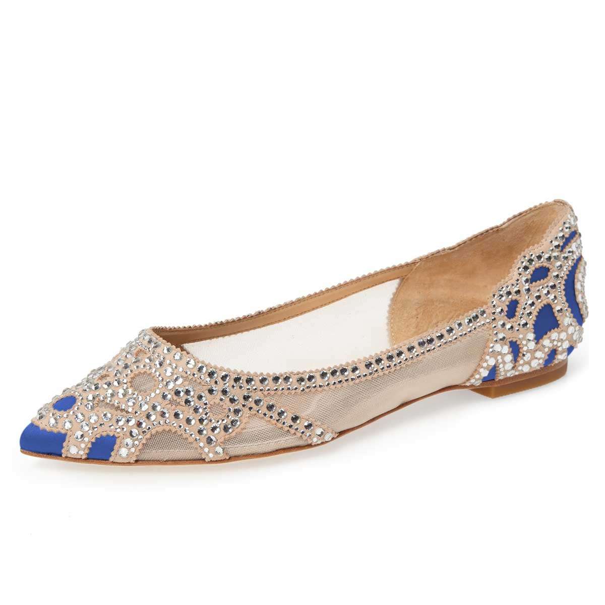 Women's Rhinestone Embellished Mesh Pointed Toe Wedding Flats in Blue