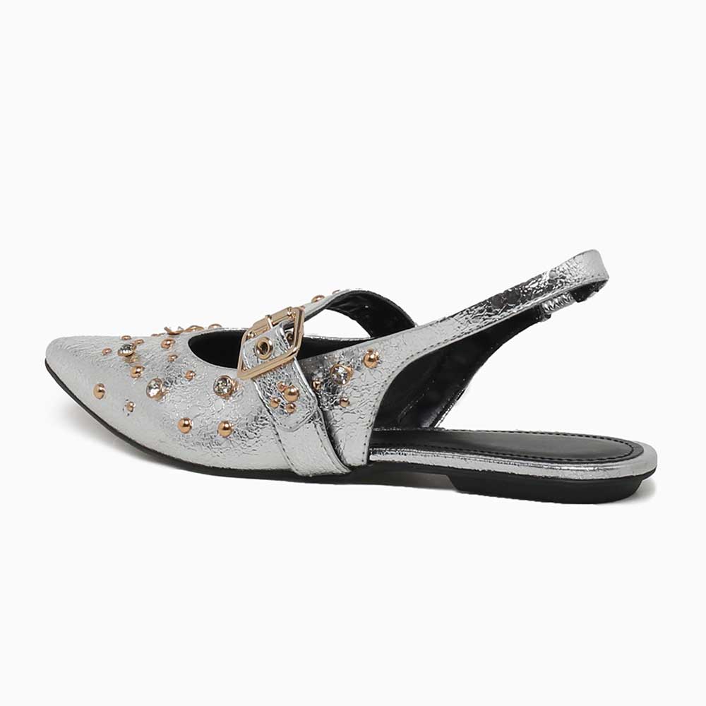 Pointed Toe Studded Buckled Strap Flats Slingback Shoes in Silver