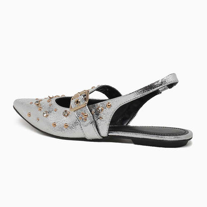Pointed Toe Studded Buckled Strap Flats Slingback Shoes in Silver