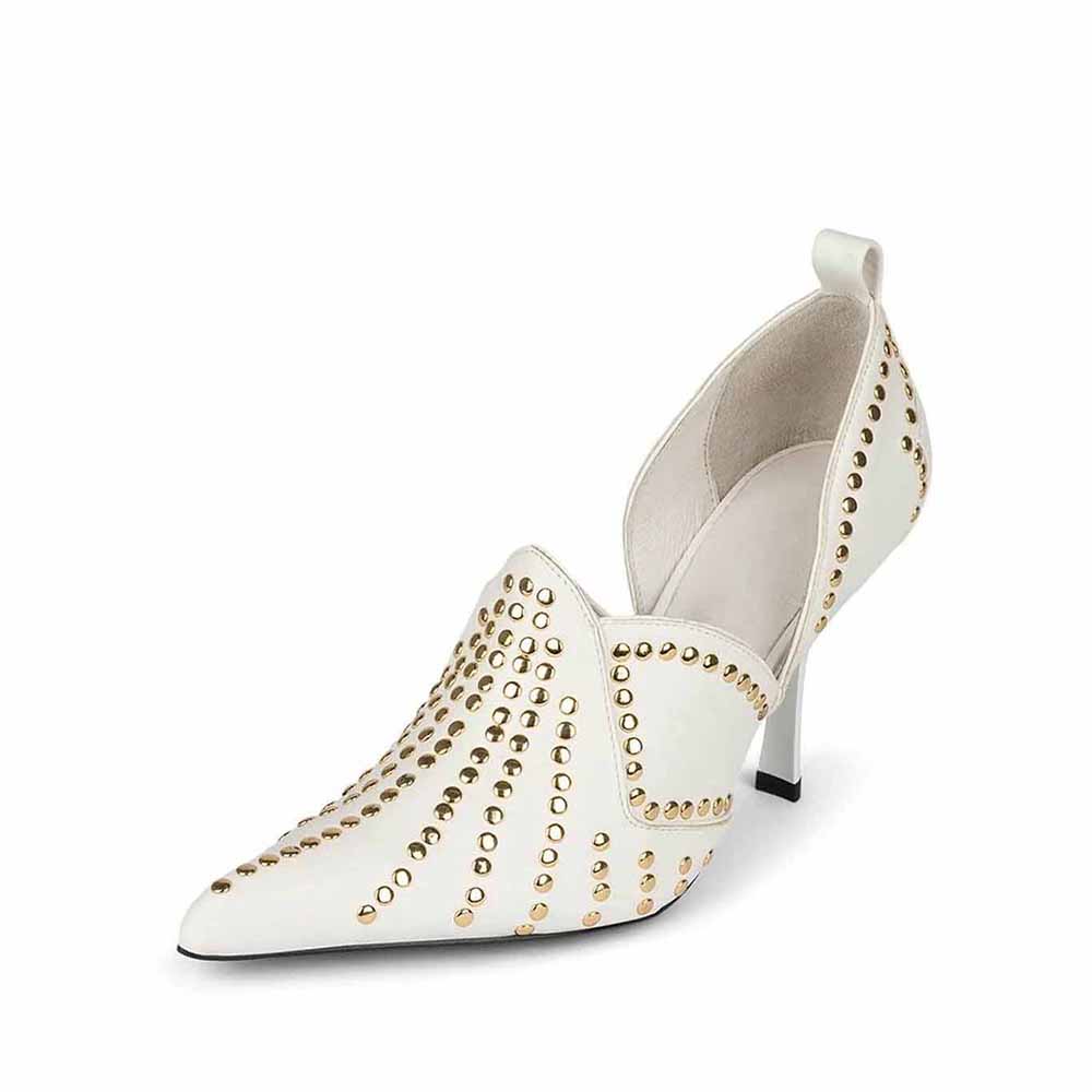 Women's Pointed Toe Gold Studded Stiletto Heels D'Orsay White Pumps