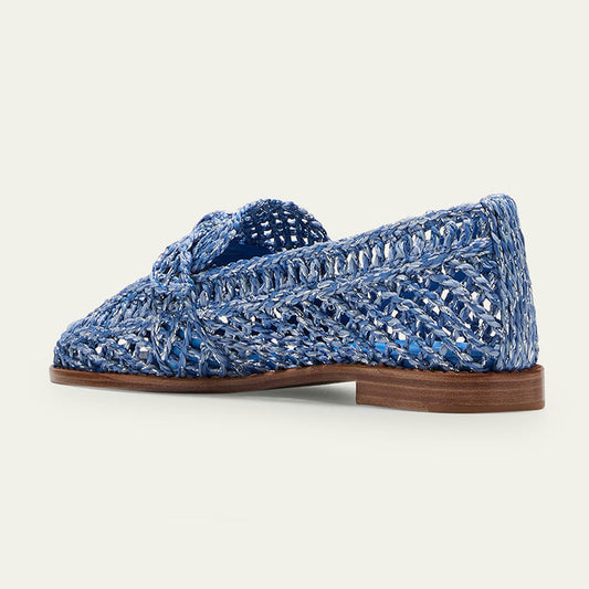 Blue Braided Raffia Round Toe Flat Women's Loafers with Knotted Bow