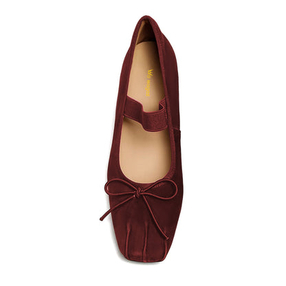 Dark Maroon Strap Mary Jane Square Toe Ballet Flats with Bow