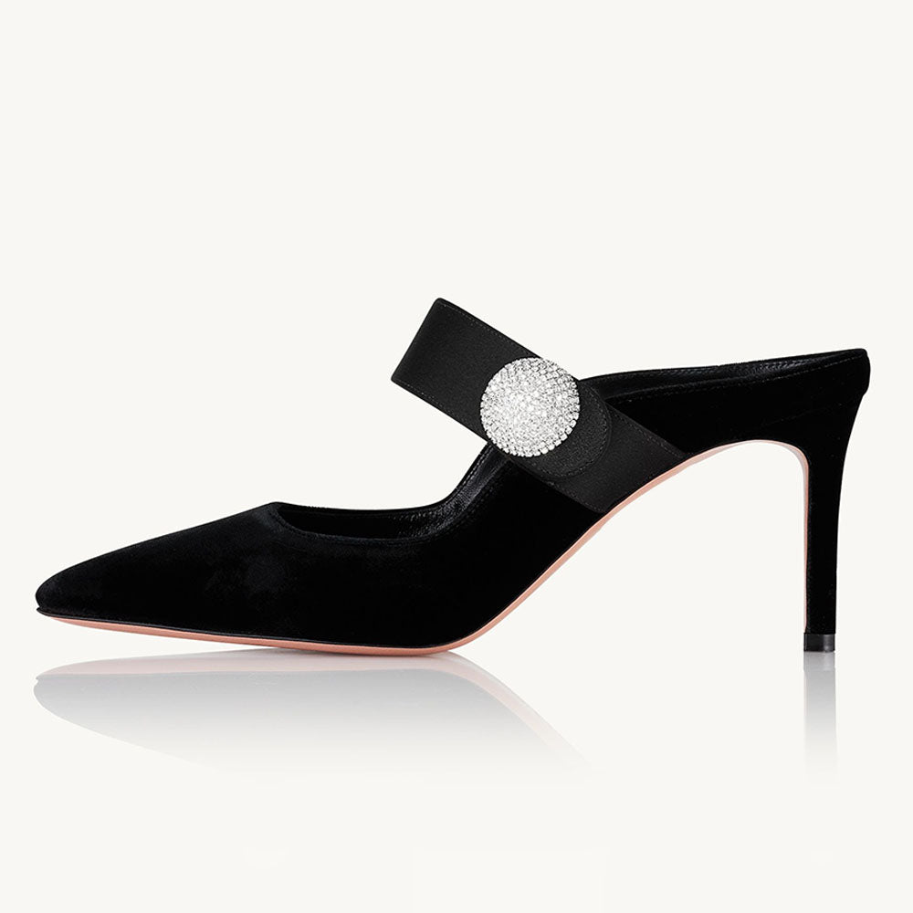Black & Satin Velvet Pointed Toe Stiletto Heel Mules