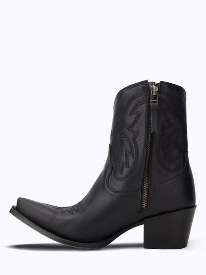 Black Snip Toe Embroidered Cowgirl Ankle Boots with Block Heel