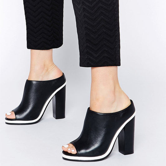 Black and White Peep Toe Heels Platform Mules for Women