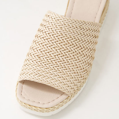 FSJ Nude Open-Toe Woven Platform Wedge Slide Sandals