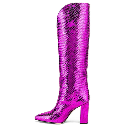 Fuchsia Textured Pointed Toe Block Heel Slip On Knee High Boots