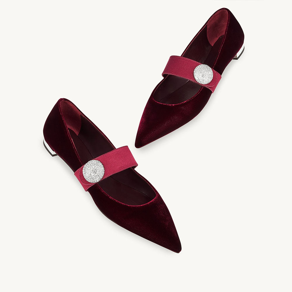 Maroon Velvet & Satin Pointed Toe Mary Jane Flats