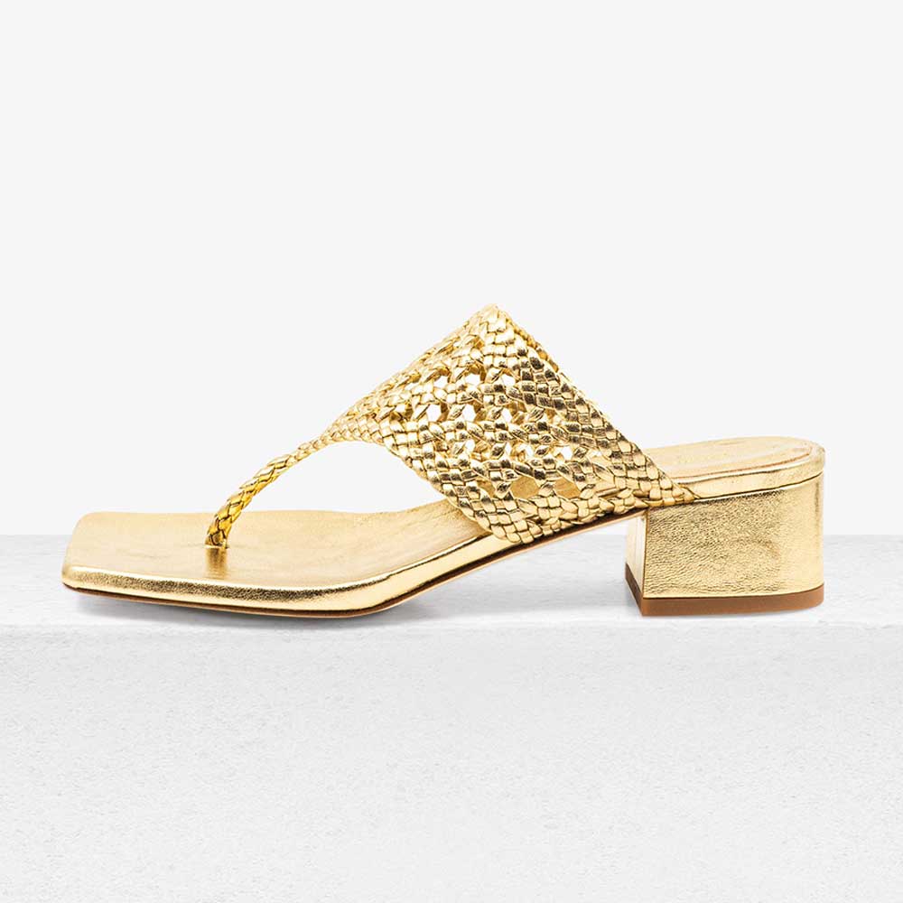 Women's Gold Metallic Finish Cut-Out Inlay Band Mules with Chunky Heel