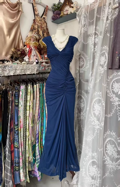 Vintage Navy Blue Ruched Sleeveless Maxi Prom Dress Sheath Evening Gown TP5154