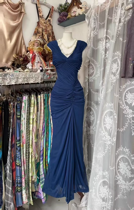 Vintage Navy Blue Ruched Sleeveless Maxi Prom Dress Sheath Evening Gown TP5154