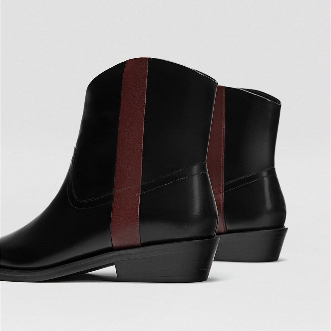 Black Flat Ankle Boots with Burgundy Stripe