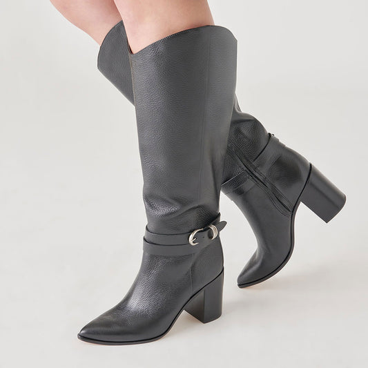 Black Buckle Strap Pointed Toe Block Heel Knee High Boots with Zipper