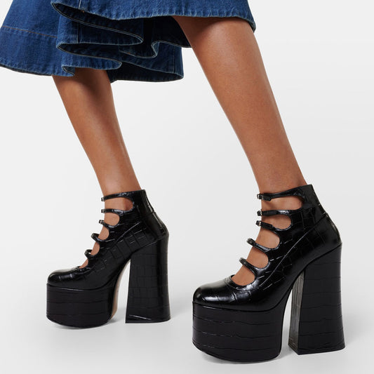 Black Croco Embossed Cutout Booties Chunky Heel Platform Ankle Boots