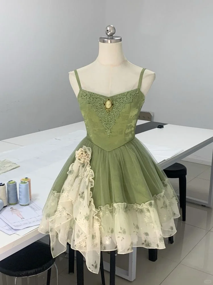 Vintage Green Spaghetti Strap Applique A-line Tulle Short Homecoming Dresses TP3924