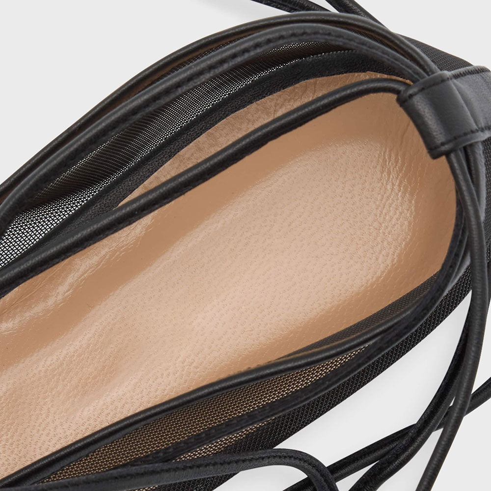 Stylish Black Mesh Square Toe Wrap-Around Ankle Tie Ballet Flats