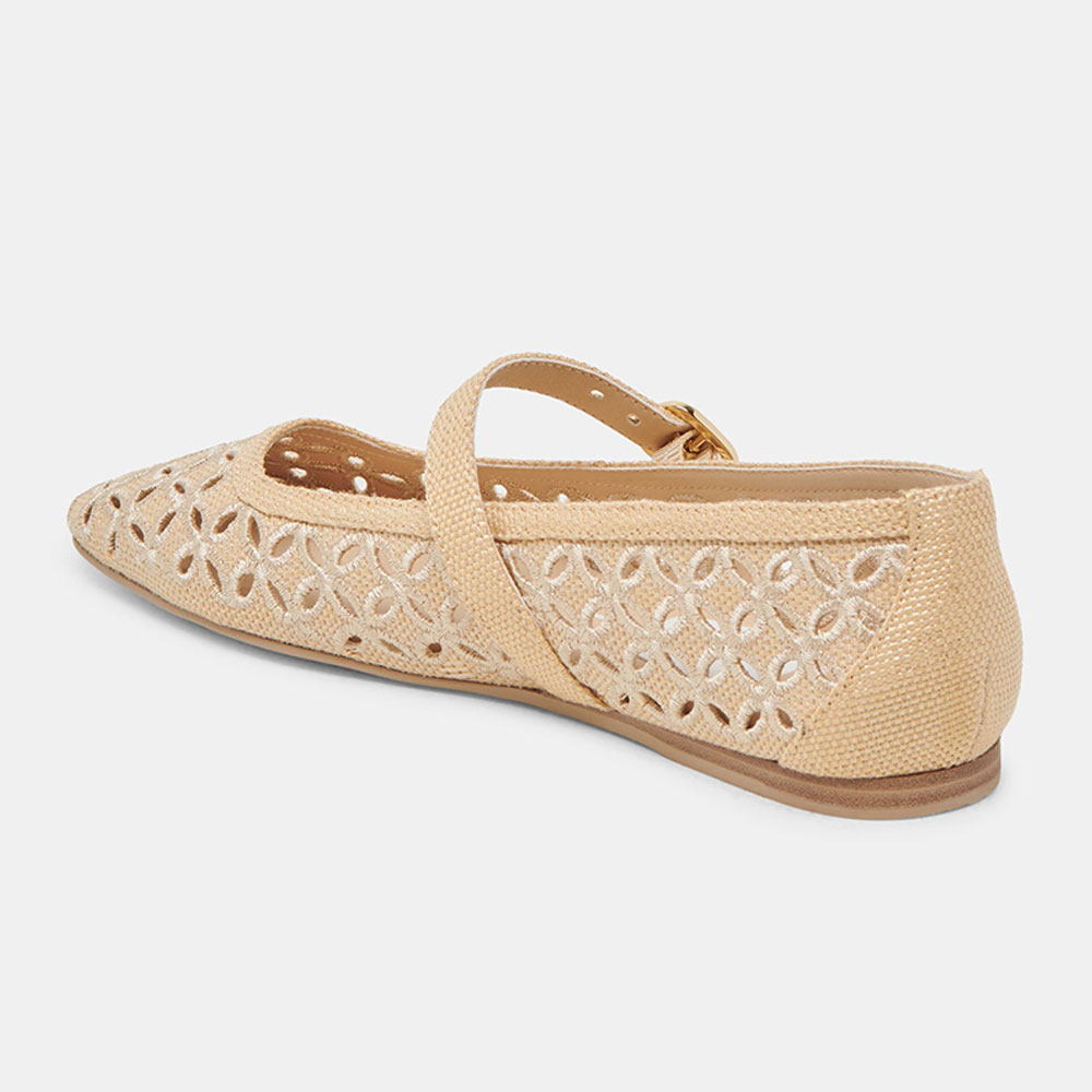 Beige Raffia Woven Square Toe Cut-Out Buckle Strap Ballet Flats