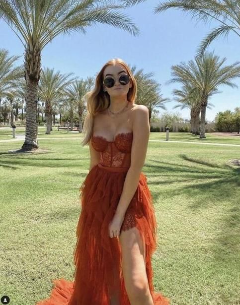 PM547,Rust Red Lace Tulle Prom Evening Dresses, Charming Sweetheart Rust Tiered Long Prom Dress with Slit