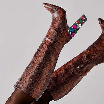 Women's Snake Textured Gem Decorative Heel Tall Boots with Zipper