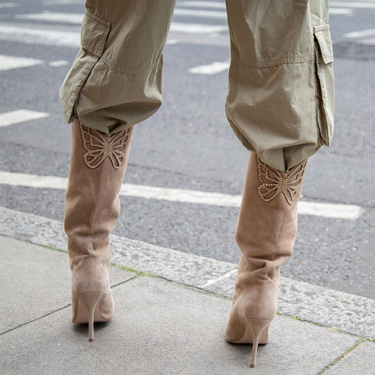 White Beige Stiletto Heel Butterfly Embellished Knee High Boots