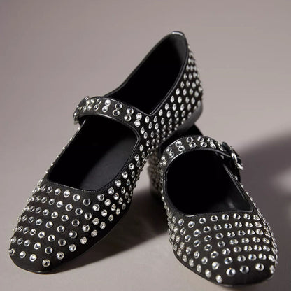 Black Square Toe Studded Buckle Fastening Mary Jane Flats
