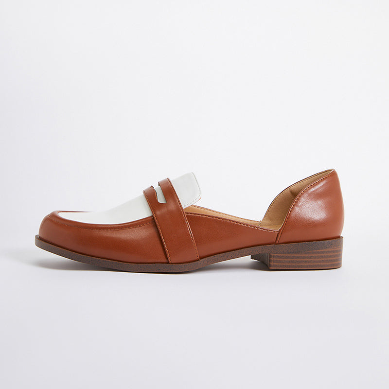 Brown & White Faux Leather Block Heel Round Toe Vintage Loafers