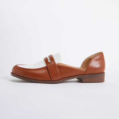 Brown & White Faux Leather Block Heel Round Toe Vintage Loafers