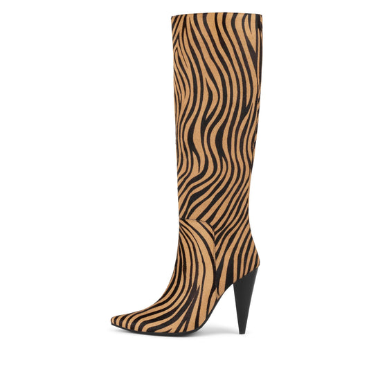 Tan & Black Zebra Printed Pointed Toe Cone Heel Knee High Boots
