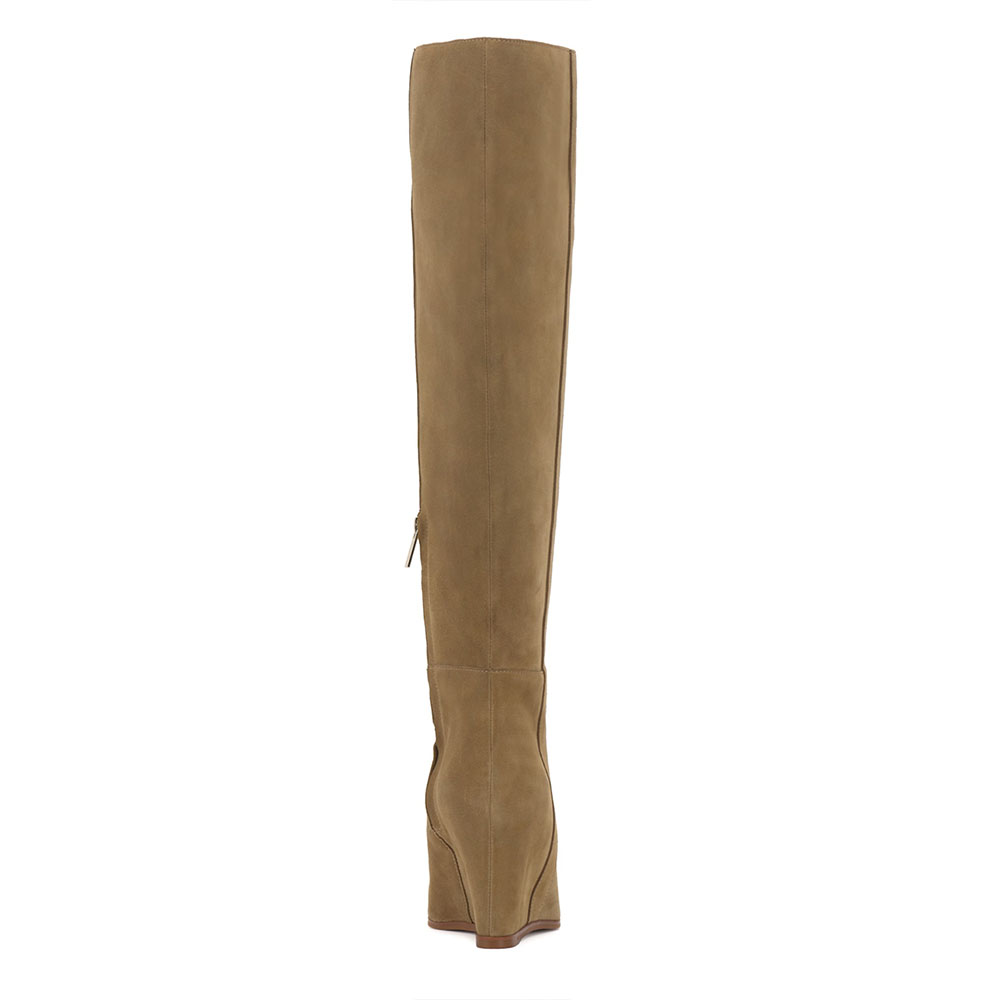 Women's Khaki Pointy Toe Wide Calf Knee High Boots with Wedge Heel