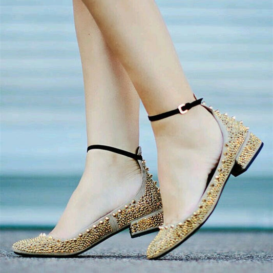 Gold Rivets Khaki Round Toe Flats Ankle Strap Studs Shoes