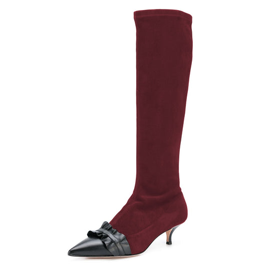 Women's Ruffled Pointed Toe Slip On Kitten Heel Boots in Maroon