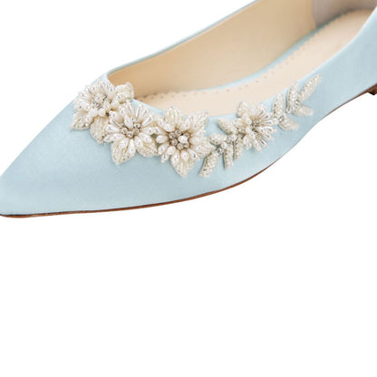 Blue Satin Pointed Toe Pearl Floral Embellished Wedding Flats
