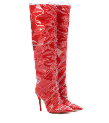 Women's Closed Toe Stiletto Heel PVC-wrapped Knee High Boots in Red