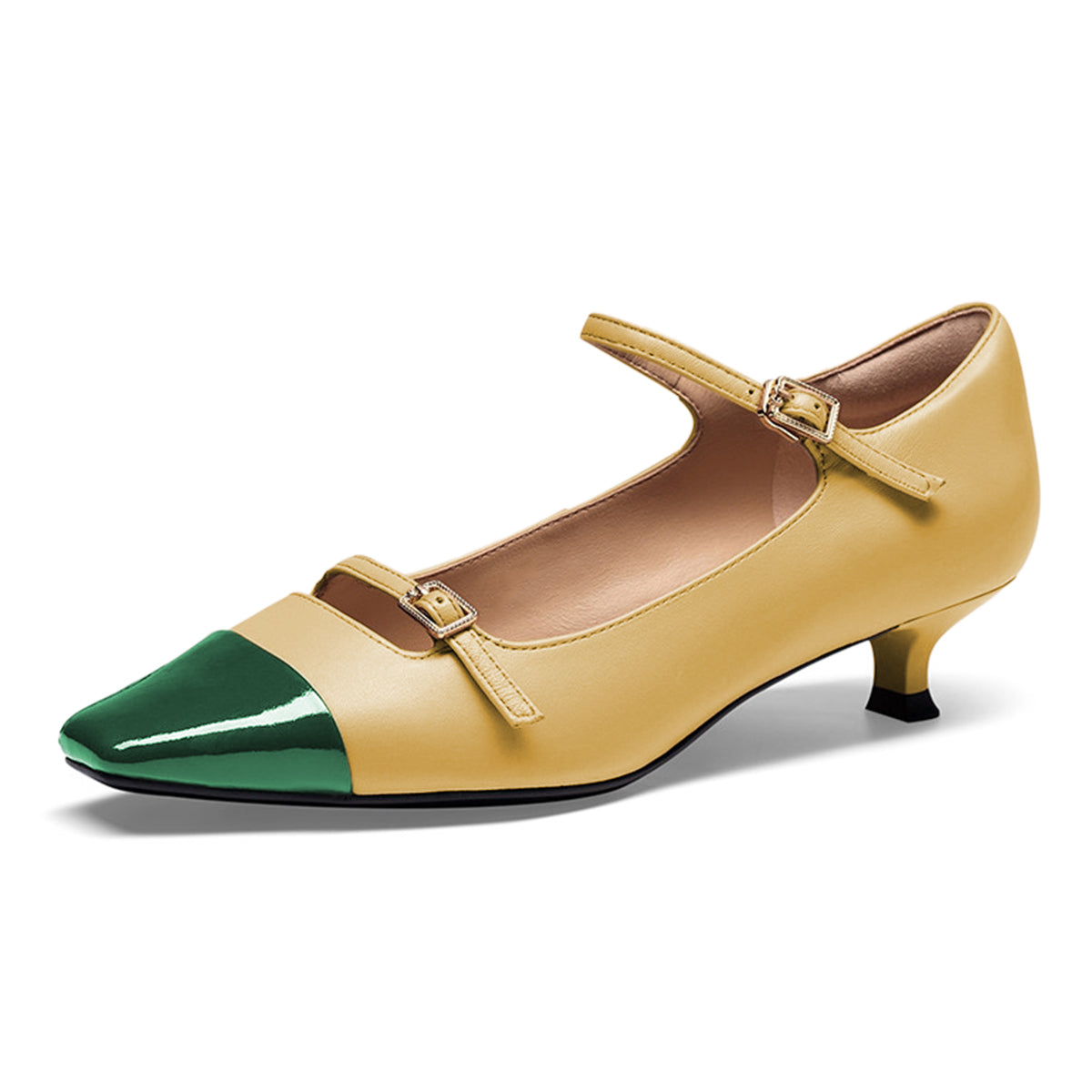 Yellow & Green Square Toe Low Heel Pumps with Double Buckled Straps