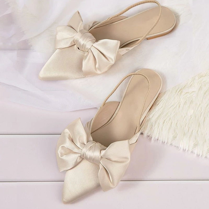 Beige Satin Bow Bridal Shoes Elegant Pointed Toe Slingback Flats