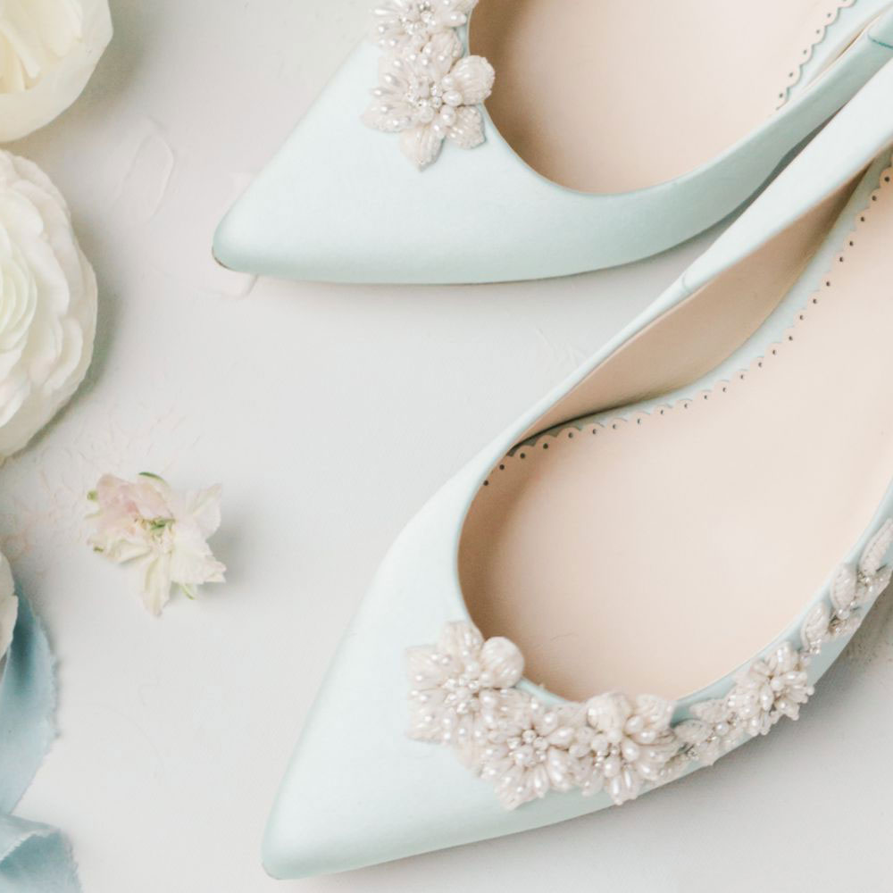 Blue Satin Pointed Toe Pearl Floral Embellished Wedding Flats