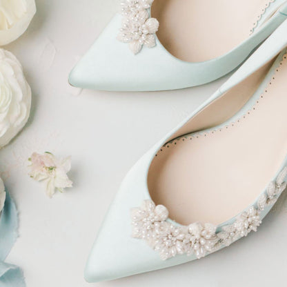 Blue Satin Pointed Toe Pearl Floral Embellished Wedding Flats