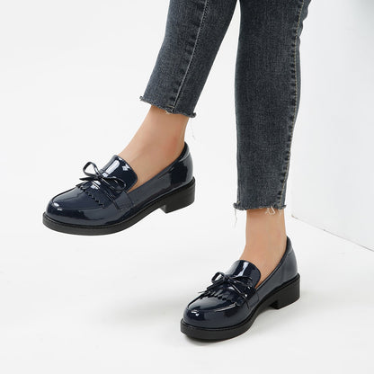 Black Patent Leather Closed Toe Chunky Heel Loafers with Bow