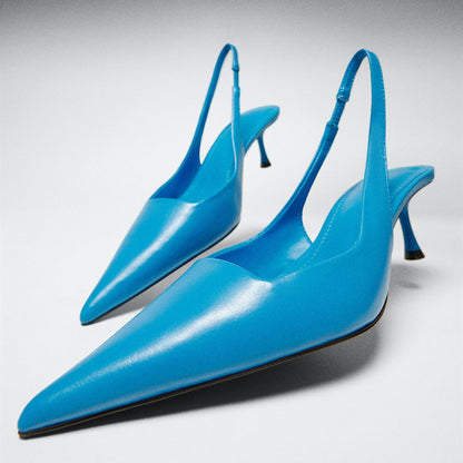 Women's Vegan Leather Pointed Toe Kitten Heel Blue Slingback Pumps