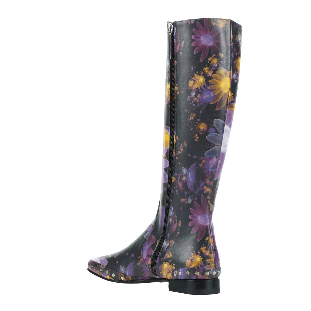 Multicolor Flower Print Square Toe Studded Flat Knee High Boots