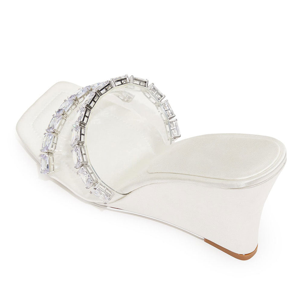 White Satin Square Toe Crystal Embellished Wedge Heel Mules Sandals