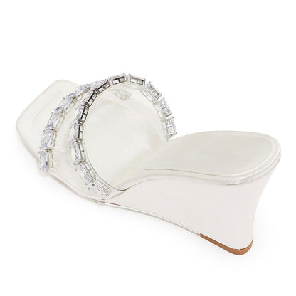 White Satin Square Toe Crystal Embellished Wedge Heel Mules Sandals