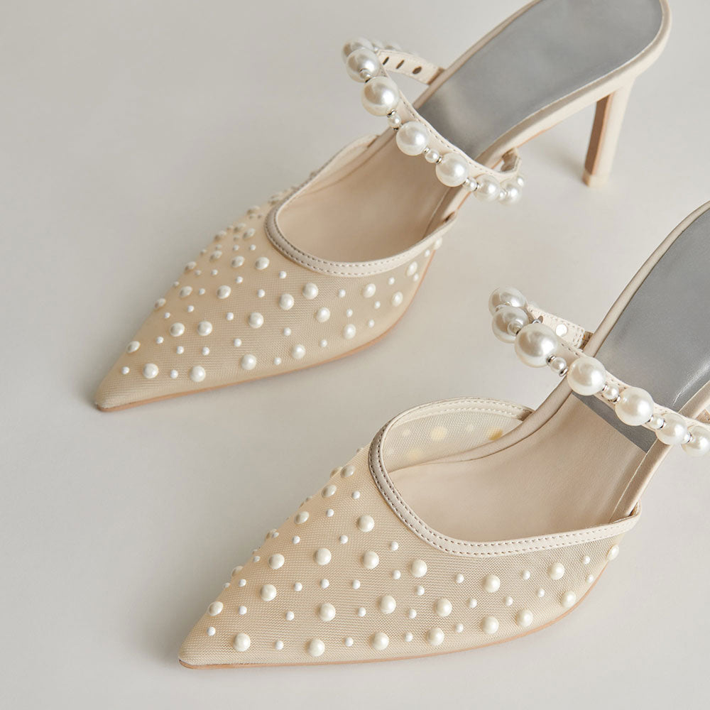 Beige Mesh Pointed Toe Pearl Embellished Wedding Shoes Mule Heels
