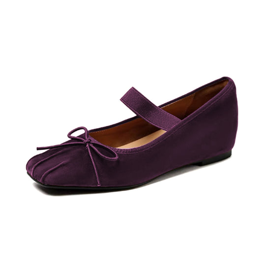 Dark Purple Vegan Suede Square Toe Ballet Flats with a Strap