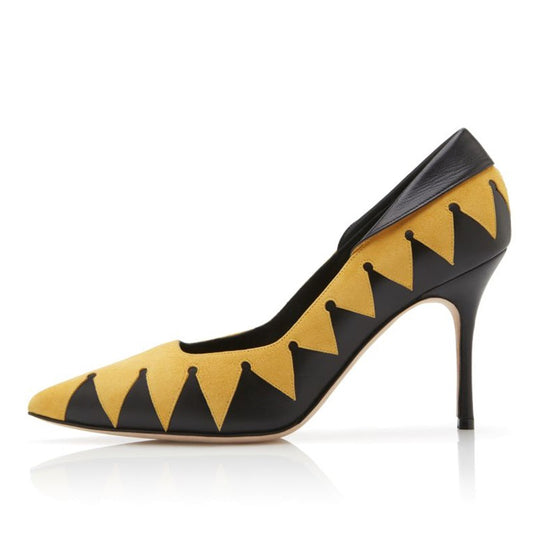 Yellow & Black Vegan Suede Geometric Patchwork Stiletto Heels Pumps