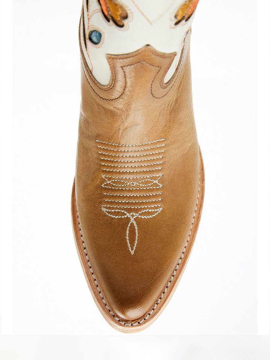 Brown & White Floral Embroidered Inlay Heeled Western Ankle Boots