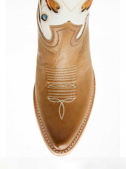 Brown & White Floral Embroidered Inlay Heeled Western Ankle Boots