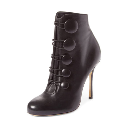 Black Stiletto Heels Round Toe Buttoned Ankle Boots for Women